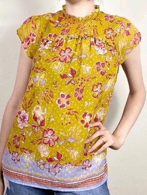 Joie Mustard Yellow Floral Cap-Sleeve Blouse with Lilac Border